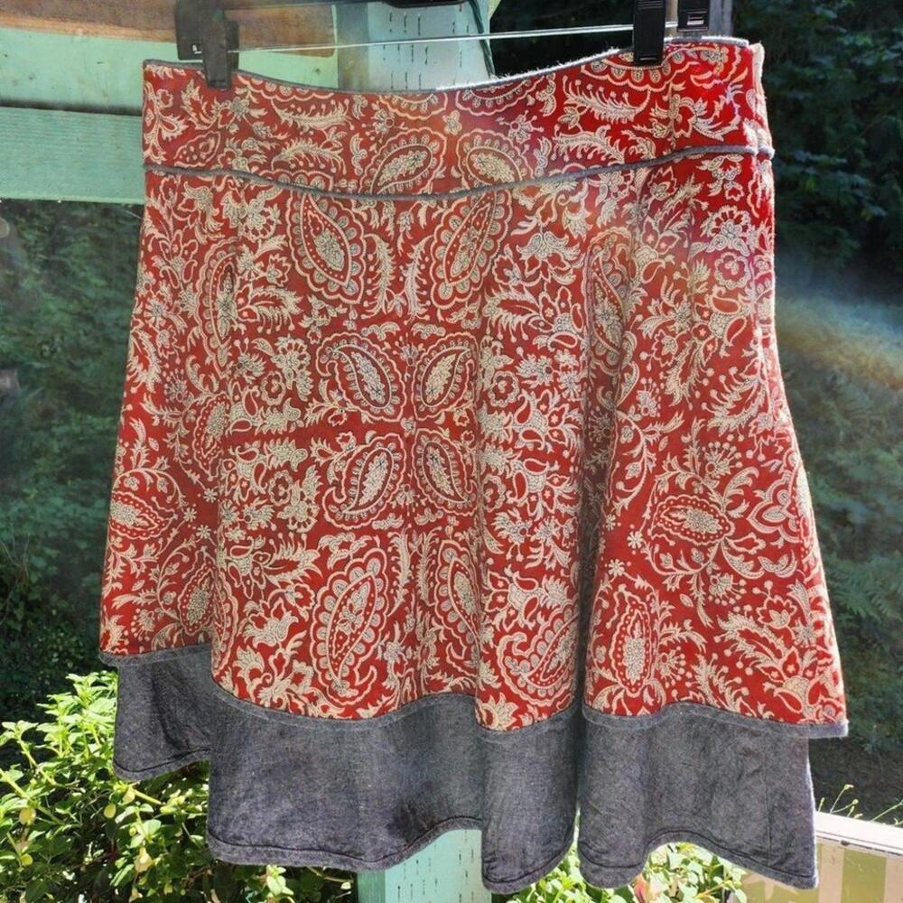 Red Paisley A-Line Skirt with Heather Gray Hem